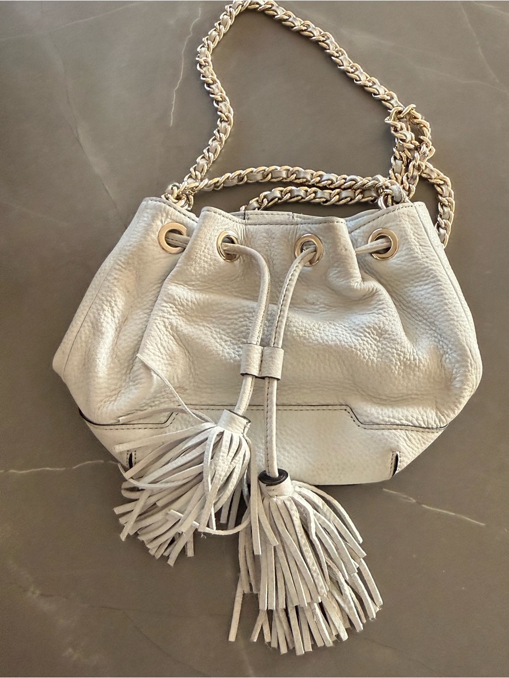 Rebecca Minkoff Cream Pebbled Leather Drawstring Shoulder Bag with Tassels